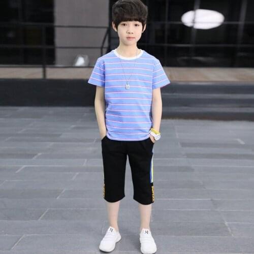Kids boys sports suit 2pcs cotton short-sleeved striped T-shirt five pants summer new big virgin suit 6-12 years old