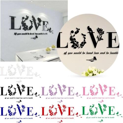 DIY 3D Leaf LOVE Stylish Wall Sticker Art Vinyl Decals Acrylic Mirrored Decor Bedroom Living Room Decor Removable Sticker