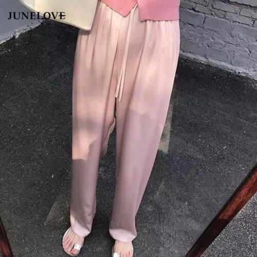 JuneLove 2021 New Acetate Chiffon Slide Pants Womens Summer Air Feeling Drop Feeling Drawstring Casual Pants Thin Pants Bottoms