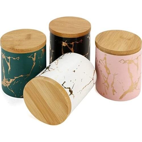 Tea Tins Storage Can Set Containers with Wood Lid Marble Pattern Ceramic Portable Sealing Tank for Tea Honey Coffee
