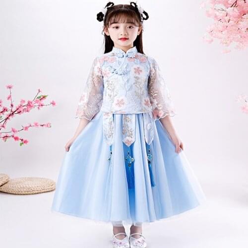 Chinese Style Performance Costumes 2020 Autumn Girls Lace Embroidered Dress Little Girls Long Sleeved Princess Dresses Two-piece