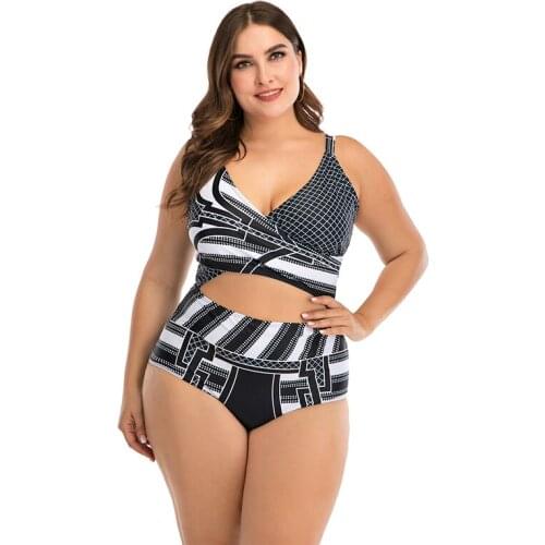 High Waist Women Swimsuit Big Breast Beachwear Thick Geometric Print Swimwear Bikini Set Bathing Suit Biquini Monokini 4XL