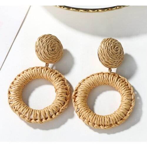 YAOLOGE 2019 Trendy Korean Handmade Wooden Rattan Knit Earrings For Women Boho Hollow Round Big Geometric Vine Drop Earring