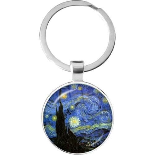 Fashion Van Gogh Art Starry Night Sunflower Keychain 25mm Glass Cabochon Dome Key Rings Keyholder For Women Men Gift