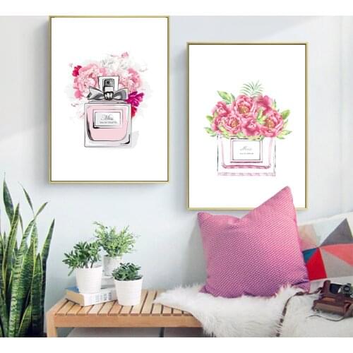 Perfume Peony Prints Paris Fashion Poster Modern Watercolor Pink Flowers Canvas Painting Vogue Pictures Bedroom Wall Art Decor