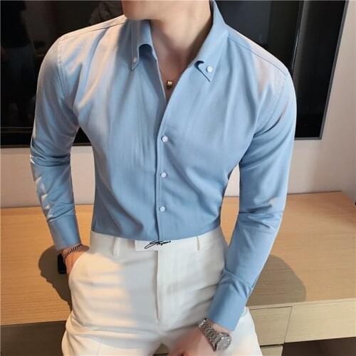 British Style Autumn New Long Sleeve Business Men Dress Shirts Casual Fashion V Neck Slim Fit Chemise Homme Formal Wear 3XL-M