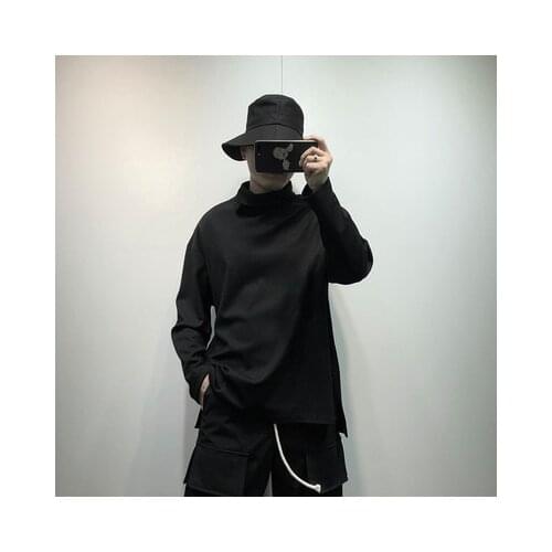 Harajuku fashion brand personality before and after the long loose mens sweater autumn and winter original dark slit high-necke