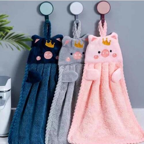 1Pcs Soft Korean Style Hand Towel Cartoon Pig Embroidery Handkerchief for Household Wall Mounted Kitchen Supplies