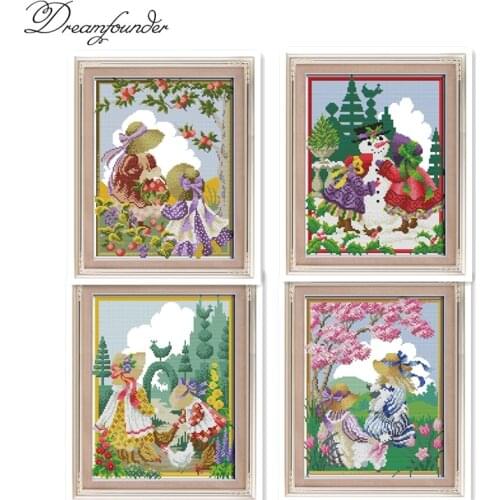 Four seasons girls cross stitch kit aida 14ct 11ct count printed canvas stitches embroidery DIY handmade needlework