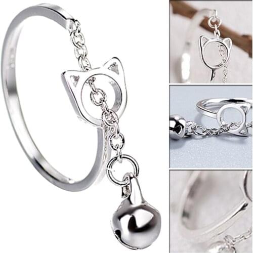 New Fashion Copper Hollow Cat Open Ring With Bell Pendant Charm Chain For Women Girl Lovely Cute Animal Jewelry Gift
