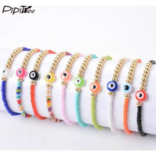 Pipitree Boho Seed Bead Evil Eye Charm Bracelet Elastic Beaded Strand Bracelet Handmade Jewelry For Women Female