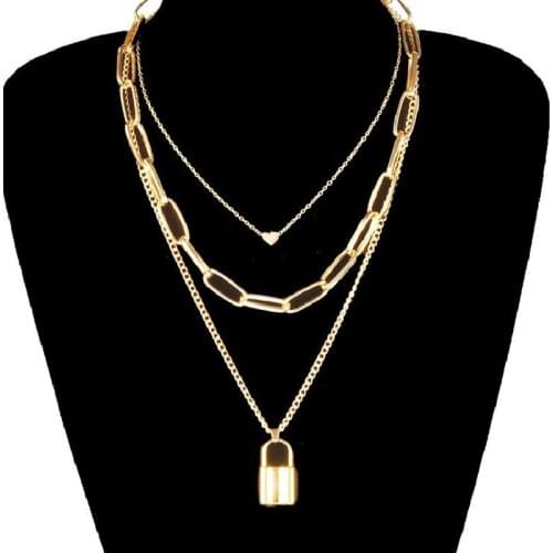 Simple And Exaggerated Thick Chain Necklace Retro Multi-layer Geometric Lock-shaped Love Necklace