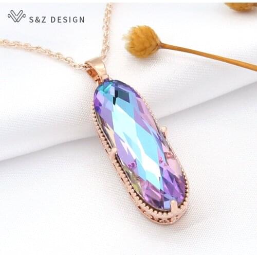 S&Z DESIGN New Vintage Elegant Large Oval Crystal Pendant 585 Rose Gold Necklace For Women Girls Wedding Luxury Jewelry Gift