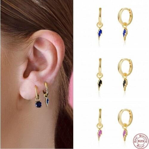 Aide 925 Sterling Silver Colorful Enamel Lightning Shape Pendant Dangle Earrings For Women Small Circle Charm Drop Earrings Gift