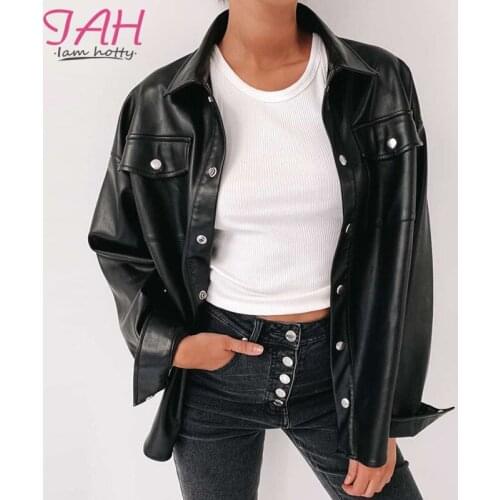IAMHOTTY Streetwear Punk Faux Lether Jackets Women Oversized Long Sleeve Moto&biker Crop Jackets Outwear Fashion Black Coat New