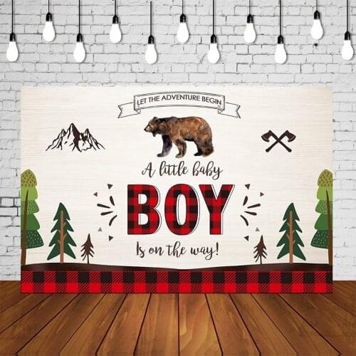 Boy Baby Shower Party Backdrop Woodland Cartoon Bear Adventure Begins Banner Floral Portrait Background Poster Decorations