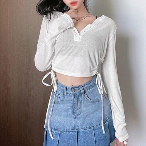 Women Casual Long Sleeve T-shirt Knitted Thin See Through Fashion Solid Color V-neck Drawstring Crop Tops Spring Autumn Female