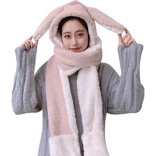 Women Winter Bunny Ear Hat Scarf Female Autumn Warm 3-in-1 Plush Long Ears Hat Scarf Gloves New