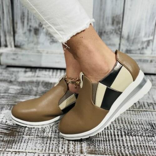 Woman Autumn Flat Platform PU Slip On Casual Shoes Woman Elastic Band Thick Bottom Vulcanized Shoes Female Mixed Color Fashion