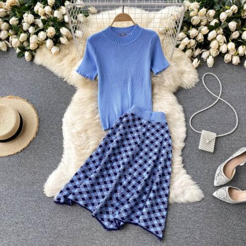 Elegant Suit Women Summer New Knit Short-sleeved Tops Women Wild Retro Diamond Check Skirt Two-piece Suit GL592