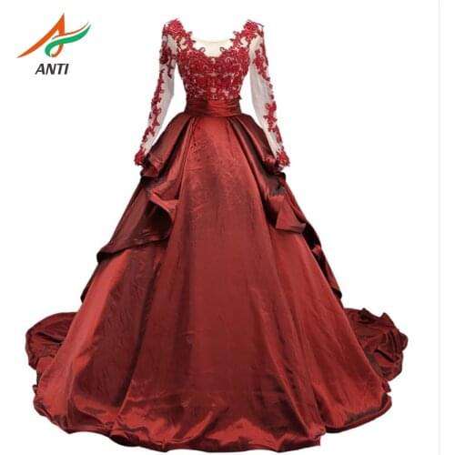 ANTI Women Burgundy Full-Sleeve Evening Dress Elegant Vestido Longo Vintage Satin A-line Long Formal Evening Gowns 2019 Custom