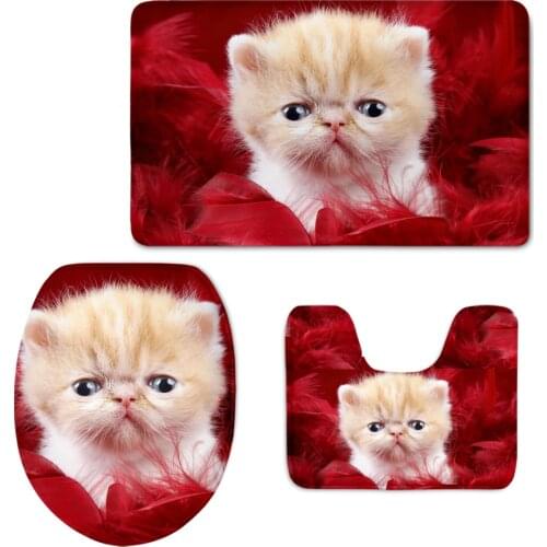 3D Lovely Cat Pattern Bathroom Non-Slip Water Absorption Soft Mat Washroom Decoration Supplies Toilet Seat Cover Rug 3Pcs/Set