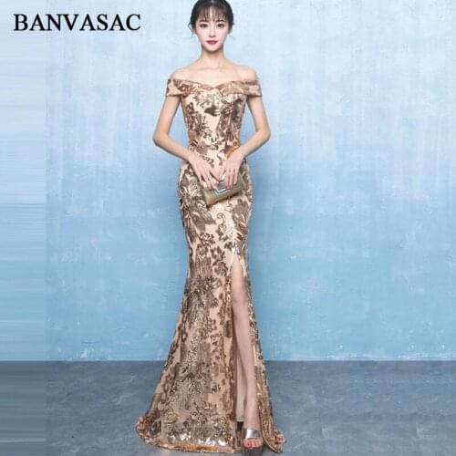 BANVASAC V Neck 2018 Sequined Appliques Split Mermaid Long Evening Dresses Party Off The Shoulder Short Sleeve Prom Gowns