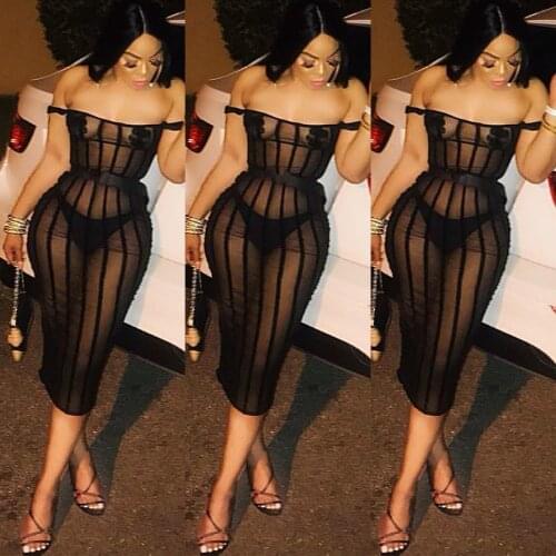 BKLD Black Striped Mesh Sheer Sexy Slash Neck Off The Shoulder Bodycon Midi Dress With Bra Pads Party Birthday Nightclub Outfits