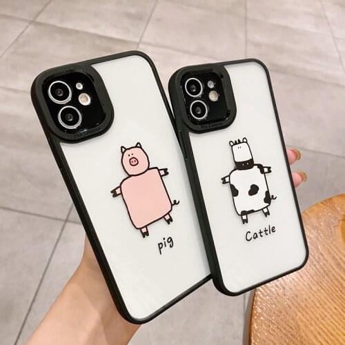 Cartoon Cute Couple Pig dairy cattle Phone Case For iphone 12 mini 11 Pro X XR XS Max 7 8 plus SE 2020 Transparent Cover Protect