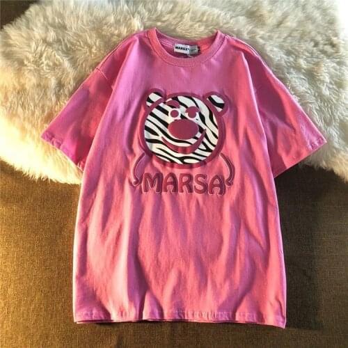 Tshirts Cotton Women 2021 Summer New Harajuku Pink Round Neck Loose Strawberry Bear Print Short Sleeved T Shirt Female Top