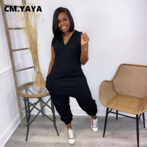 CM.YAYA Women Sleevelesss V-neck Haren Jumpsuit for Streetwear Casual with Pocket Romper Fashion One Piece Overalls