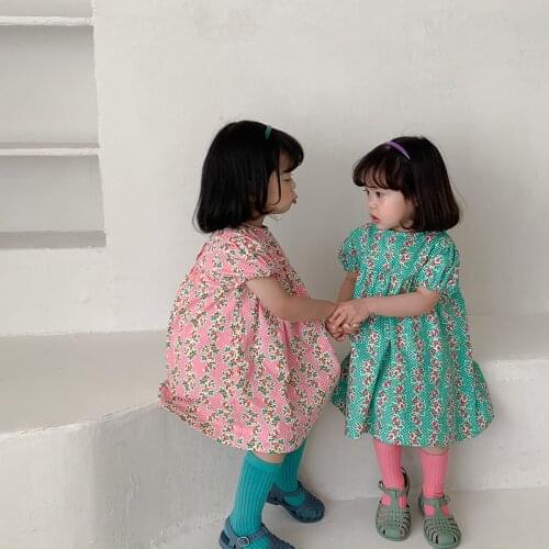 2021 summer new style puff sleeve girls dress Korean girl floral baby dresses toddler girl clothes