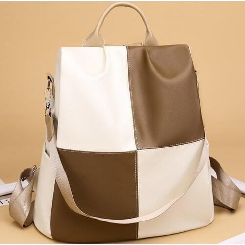 Fashion Women Backpack Hit Color Waterproof PU Zipper Anti-Theft Multi-Pocket Large Capacity Outdoor Leisure Travel