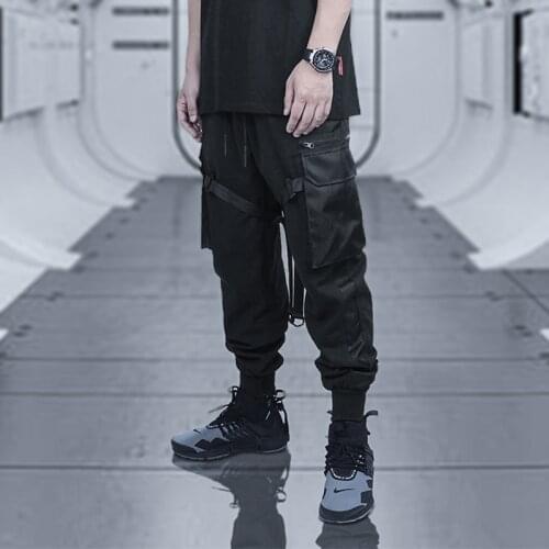 SILENTSTORM Techwear Mens Tactical Webbing Black Cargo Pants Sport Jogger Hip Hop Style Punk Fashion
