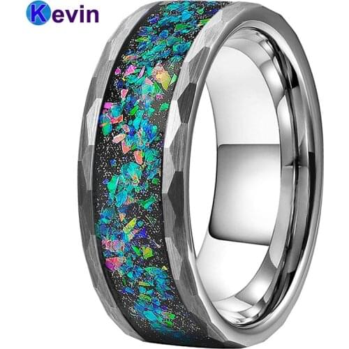 Men Women Tungsten Wedding Ring Multi Facet Wedding Band With Galaxy Series Opal Inlay Flat Band Width 8MM Comfort Fit