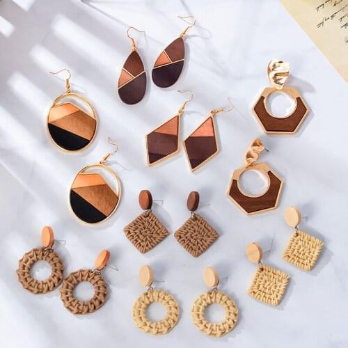 Multiple Style Korean Handmade Wooden Straw Weave Rattan Vine Braid Drop Earrings New Fashion Geometric Long Earrings Jewelry