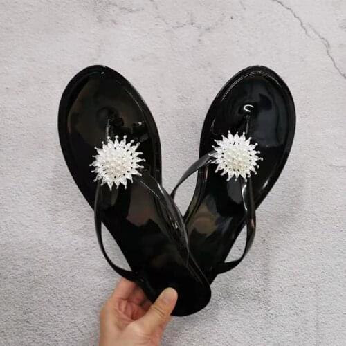 2021 New Women Flat Beach Shoes Woman Flip Flops Summer Jelly Shoes Black EVA Female Shoes Pearl Craft Outdoor Slippers