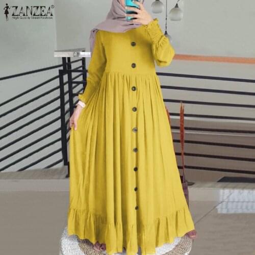 Casual Solid Puff Sleeve Ladies Kaftan Sundress ZANZEA Vintage Chiffon Dress Women 2021 Spring Ruffle Maxi Vestidos