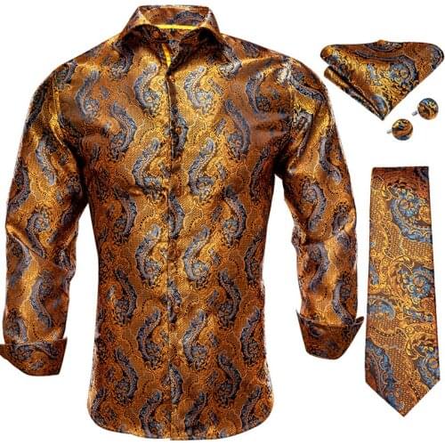 Hi-Tie Gold Paisley Full Sleeve Casual Floral Mens Shirts Tie Set Woven Fashion Luxury Royal Soft Silk Shirts For Wedding Dress