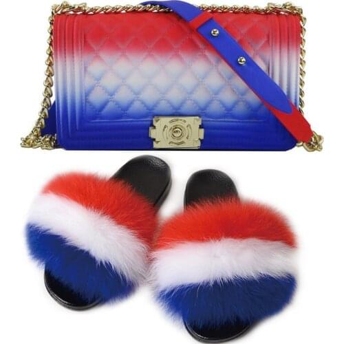 Women Real Fox Fur Slippers Furry For Shoe Jelly Bags Sets Ladies Fur Sandals Fluffy Slides Female Wallet Colorful Jelly Bag Set