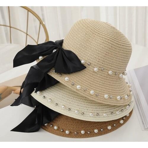 New spring and summer female sunscreen sun hat children bowknot straw hat pearl beach hat traw hat female parent-child hat
