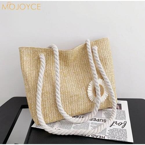 Vintage Women Beach Daisy Flower Woven Shoulder Shopping Bag Casual Ladies Summer Vacation Large Capacity Tote Handbags