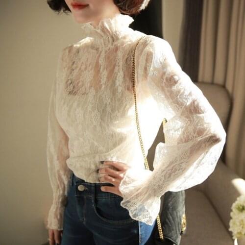 Women Blouse 2021 Spring Sexy Lace Turtleneck Grenadine Long-Sleeve Womens Top Blusas Ropa De Mujer