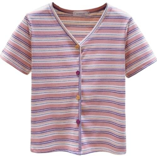 Korean Style 2021 Summer New Rainbow Striped V-Neck T-Shirt Women Slim Short Sleeve Buttons Tops Y2k T8629