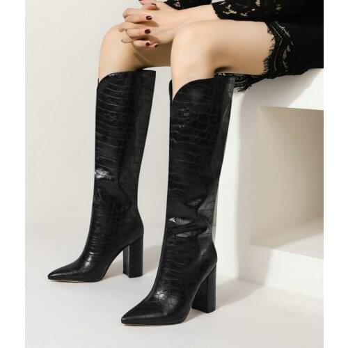 Faux Leather V-Knee Boots Thick Heel Pointed Toe High Boots Women New New High Boots Ladies Fashion Sexy High Heel Daily Boots