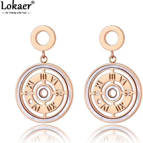 Lokaer Titanium Stainless Steel Geometric Acrylic Shell Stud Earrings For Women Classic Roman Numerals Wedding Jewelry E20262