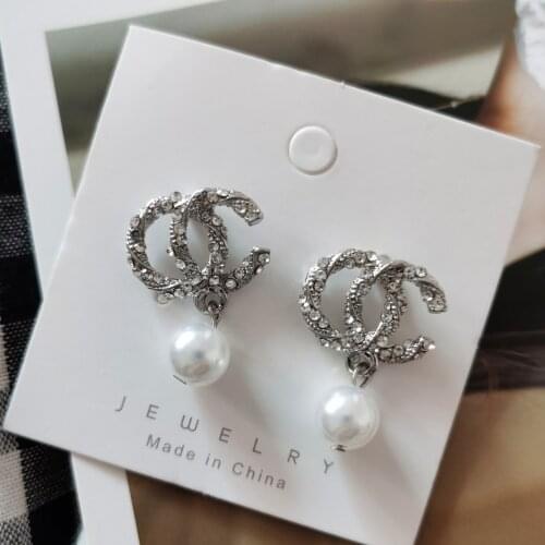 Ear Stud Women C Letter Silvery Needle Korea Simple Pearl Earrings Elegant All-match Crystal Set Sweet Fashion Wholesale Earring
