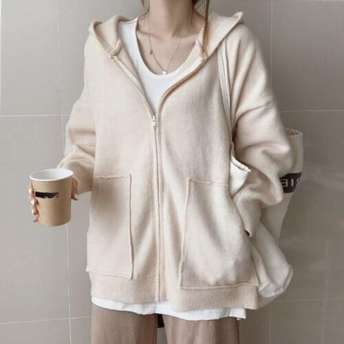 2020 Women Autumn Loose Cozy Hooded Sweater Coat Preppy Style Zipper Knitted Cardigan Jacket with Pocket