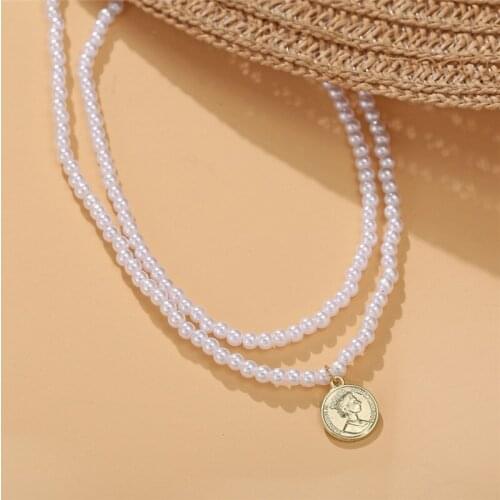 Fashion Double Layered Pearl Necklace for Women Gold Color Engraved Portrait Coin Necklace Choker Statement Jewelry Gifts