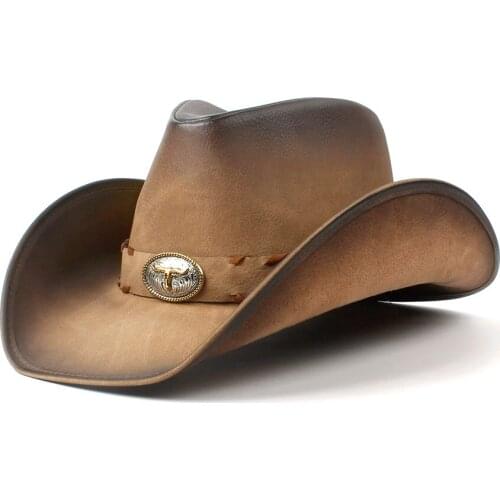 100% Leather Men Western Cowboy Hat For Gentleman Dad Cowboy Sombrero Hombre Caps Size 58-59CM